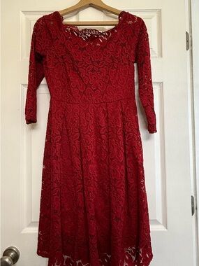 Red Lace Long-Sleeve Fit & Flare Dress